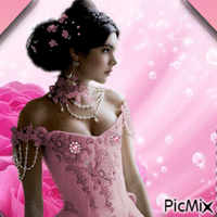 Femme victorienne en rose avec perles