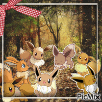 Eevees playing in a forest