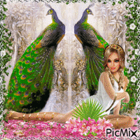 Girl, peacock and flowers