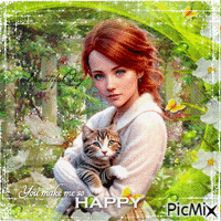Girl and her cat - Free animated GIF
