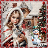 Enfant en hiver avec un chat. - бесплатно png