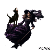Hexe mit schwarzer Katze - GIF animado grátis
