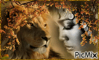 femme et lion GIF animé