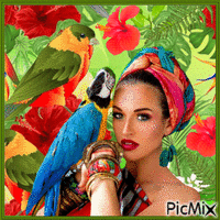 Женщина с попугаем animovaný GIF