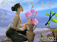 Vrouw met vaas en bloemen glitters en bladeren animált GIF