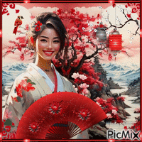 Femme asiatique avec éventail et sakura - Gratis geanimeerde GIF