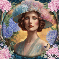 Femme et fleurs d'hortensia - Free animated GIF