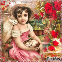 Have a Great Day. Girl, cats in a rose garden GIF animasi