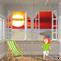 Redhead baby girl and sunset beach view animēts GIF