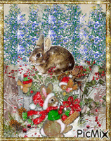 RABBITS SPARKLING, LIGHTS FLASHING, RED SCARFS AND HATS, RED BERRIES, PINECONES, AND SOME SNOW, IN A GOLD FRAME. Animated GIF
