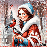 Have a Good Week Everyone. Winter, girl, birds - Darmowy animowany GIF