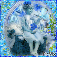 Petite fille avec fleurs bleues
