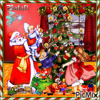 Les enfants et le père Noël décorent l'arbre de Noël