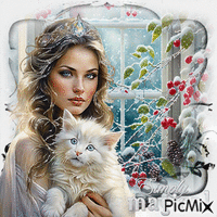 Eine Frau mit ihrer Katze - 無料のアニメーション GIF