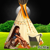 Native American woman and wolf Animated GIF