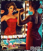 Chica de rojo en el espejo GIF animé