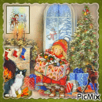 Weihnachtsbaum und kleines Mädchen - Бесплатный анимированный гифка
