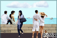 folk vid havet och båtar - GIF animado grátis