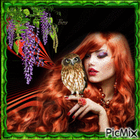 Red haired woman with owl - Free animated GIF