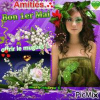 Vert,mauve - jeune belle femme - Bon 1er Mai - offrir le muguet . animovaný GIF