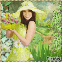 Concours : Femme avec un chapeau et fleurs assorties - Ingyenes animált GIF
