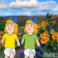 Twins in sunflower field animovaný GIF