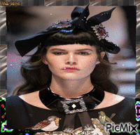 Portrait Girl Flowers Bird Glitter Glamour Hat Black Fashion animált GIF