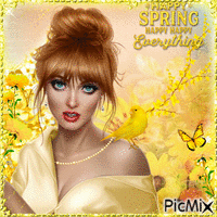 Woman in yellow. Happy Spring анимированный гифка