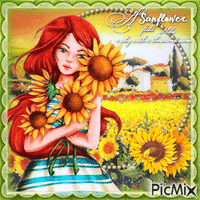Girl & Sunflowers анимированный гифка