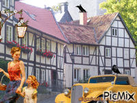 old house car raven children lamp woman Animated GIF