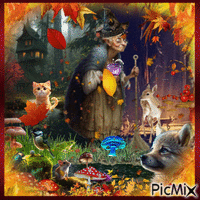 Nice witch in the autumn forest - GIF animé gratuit