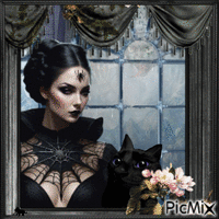 Gothic woman with cat - Бесплатни анимирани ГИФ