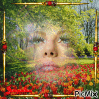 visage de femme sur champs de tulipes animovaný GIF