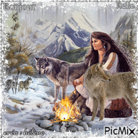 Femme et loups auprès du feu en hiver