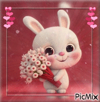 lapin avec bouquet de fleurs animált GIF