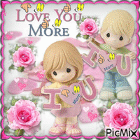 LITTLE BOY AND GIRL CARRYING, PINK ROSES AND SPARKLES, PINK FRAME. HEARTS SAYING LOVE YOU MORE, TEXT SAYING LOVE YOU MORE, EYES AND HANDS POINTING - Bezmaksas animēts GIF