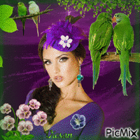 Rostro de mujer con loros - Tonos púrpuras y verdes
