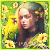 Summer woman parrot fantasy green yellow