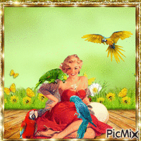 A girl with four parrot
