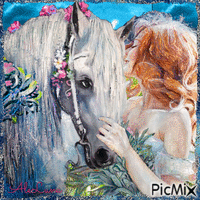 Pittura ad acquerello di una ragazza e un cavallo - GIF animasi gratis