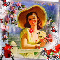 mujer vintage con pamela amarilla y una rosa