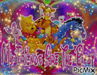 eeyore, piglet, tigger and pooh, say my friends are the best, picture lightens and darkens, blue stars in the corners, and a lot of gold stars. animoitu GIF