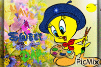 PINK BLUE AND YELLOW FLOWERSEWRREY WITH HIS PAINT HAS PAINTS HAVE  PAINTED HAVE A SWEET DAY, THE SUN HAS BIRDS FLYING THROUGH IT. - GIF animado gratis