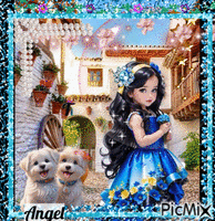 A girl out side with her dogs animuotas GIF