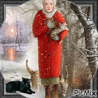 mujer en invierno con sus gatos анимирани ГИФ