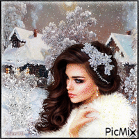 Portrait de femme glamour sur paysage neigeux
