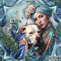 Femme avec un chapeau et son chien, tons bleus - GIF animate gratis