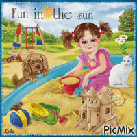 Fun in the sun. Girl, cat, dog, sandbox - Ücretsiz animasyonlu GIF