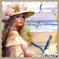 La fille et la mer beige et tons pastels...concours GIF animé