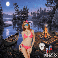 Pink bikini clad redhead by campfire GIF แบบเคลื่อนไหว